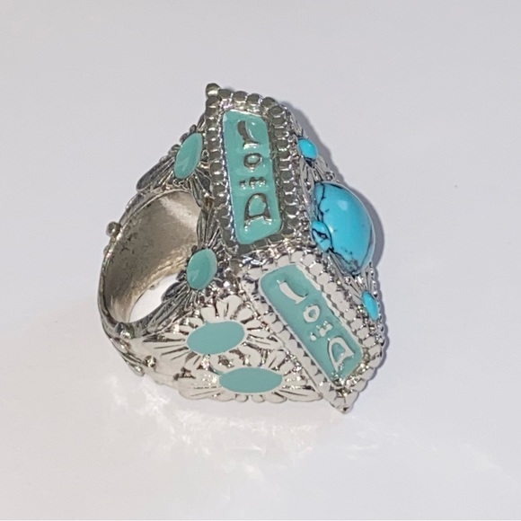 VTG Christian Dior Silver Metal Turquoise Gemstone Logo Nameplate Princess Ring - Picture 10 of 15